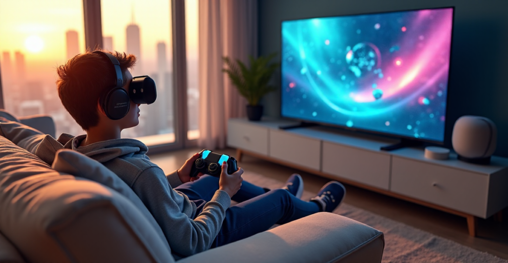 "A young gamer sits comfortably on a cream-colored couch, surrounded by top 5G connectivity gadgets, immersed in an AI-powered game on a massive 4K LED TV."