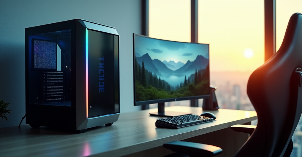 "A photorealistic gaming setup featuring a high-performance PC with customizable RGB LED strips, a top-of-the-line 4K monitor displaying a virtual landscape, and ergonomic gaming peripherals, evoking intense concentration amidst a serene background."