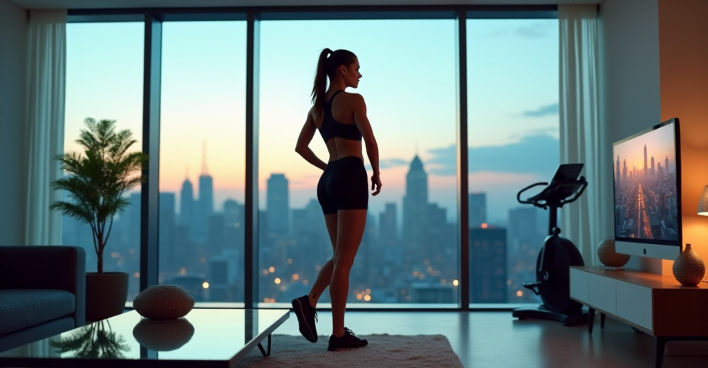 "A young woman stands confidently in a modern living room surrounded by cutting-edge fitness gadgets, exuding determination as she gazes out at the city."