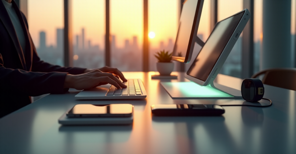 "A sleek office space with an AI-powered smart desk at its center, surrounded by cutting-edge devices and a breathtaking cityscape view."