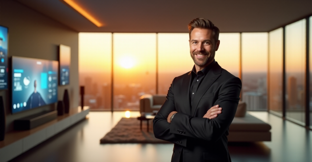 "Max Zypher stands confidently in a modern living room with floor-to-ceiling windows, surrounded by cutting-edge smart home technology."