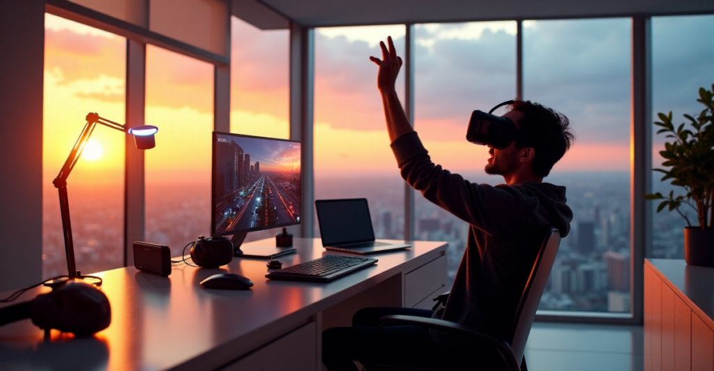 "Young gamer Max Zypher surrounded by top 5G connectivity gadgets and AI innovations in a modern gaming room with breathtaking cityscape view at dusk."