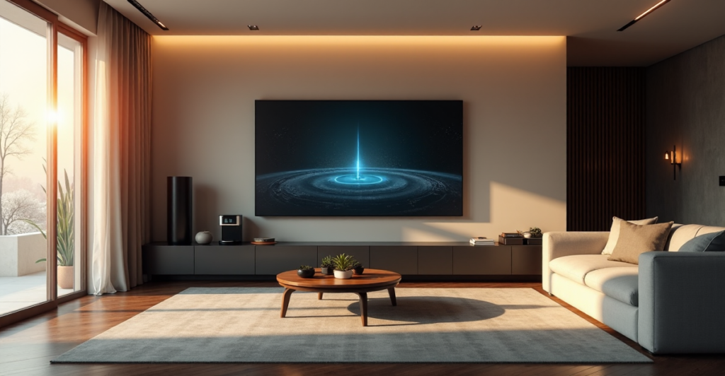 "Image of a modern living room with a smart home hub and various cutting-edge gadgets, showcasing top 5G connectivity gadgets in a sleek setting."