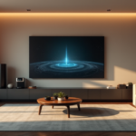 "Image of a modern living room with a smart home hub and various cutting-edge gadgets, showcasing top 5G connectivity gadgets in a sleek setting."