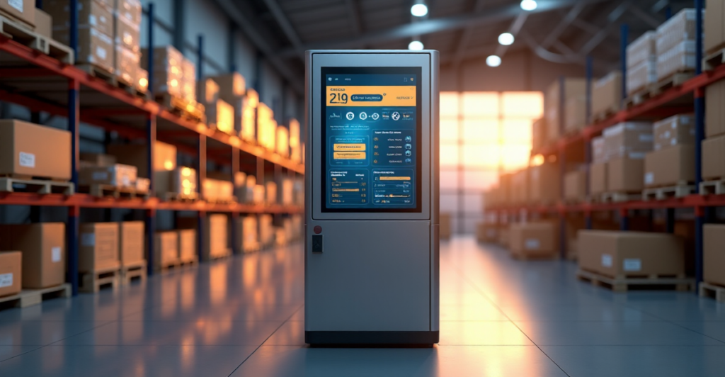"A sleek, silver warehouse management system with a high-definition blockchain-based supply chain tracking interface on a large screen, surrounded by neatly stacked crates with RFID tags and 5G-enabled sensors."