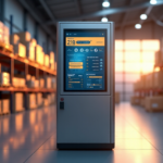 "A sleek, silver warehouse management system with a high-definition blockchain-based supply chain tracking interface on a large screen, surrounded by neatly stacked crates with RFID tags and 5G-enabled sensors."