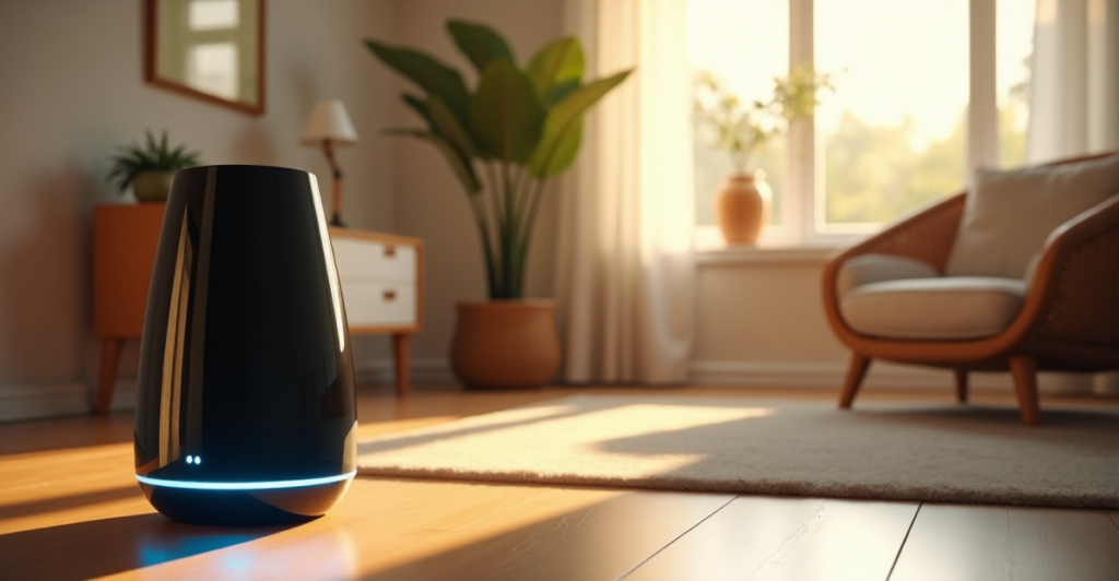 A serene living room with a sleek smart speaker emitting soft blue light, surrounded by warm-toned furniture and natural light, showcasing top 5G connectivity gadgets in effortless efficiency.