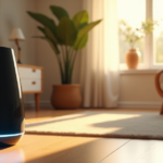 "Unlock Smarter Living with Smart Home Solutions for Effortless Efficiency" A serene living room with a sleek smart speaker emitting soft blue light, surrounded by warm-toned furniture and natural light, showcasing top 5G connectivity gadgets in effortless efficiency.
