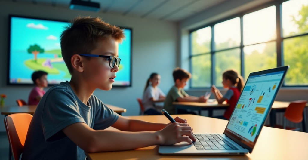 "A young student interacts with a digital lesson on an open laptop in a modern classroom surrounded by smart equipment and natural light."