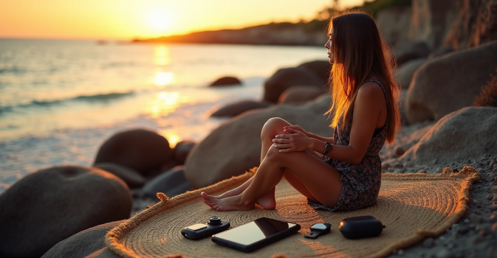 "A young woman sits on a rocky beach at sunset, surrounded by cutting-edge mobile travel gadgets, gazing out at the ocean with a sense of adventure."