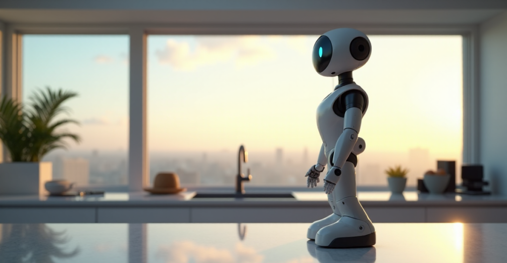 "A sleek, futuristic smart home assistant robot stands on a minimalist marble countertop amidst state-of-the-art appliances and gadgets, showcasing top 5G connectivity features."