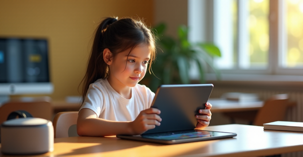 "A young girl sits at a minimalist desk surrounded by cutting-edge education tech tools, intensely focused on her tablet in a bright, inviting learning space."