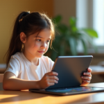 "Unlock Smarter Learning with Cutting-Edge Education Tech Tools" "A young girl sits at a minimalist desk surrounded by cutting-edge education tech tools, intensely focused on her tablet in a bright, inviting learning space."