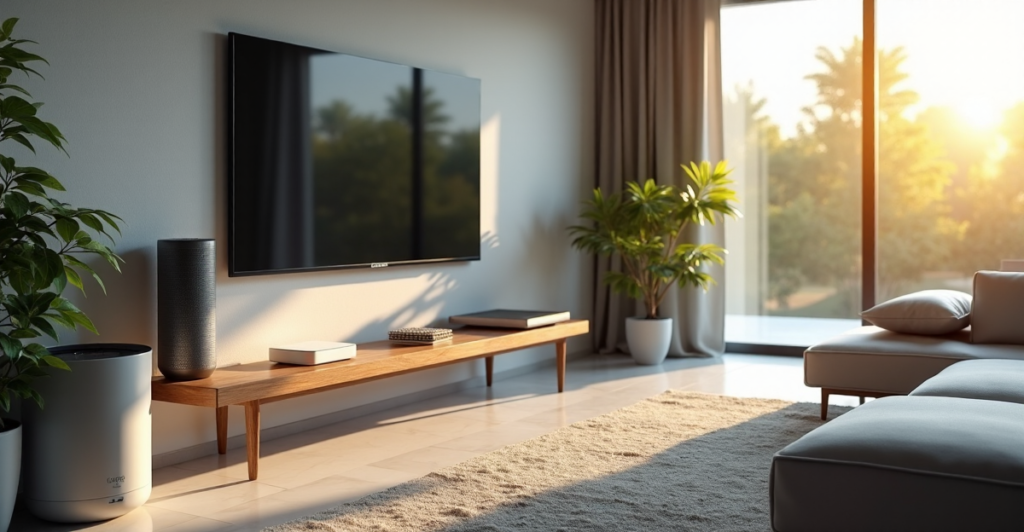 "Modern living room showcasing top eco-friendly smart home devices with energy-efficient features, including a solar-powered charging station and voice-controlled thermostat, amidst soothing light gray hues."