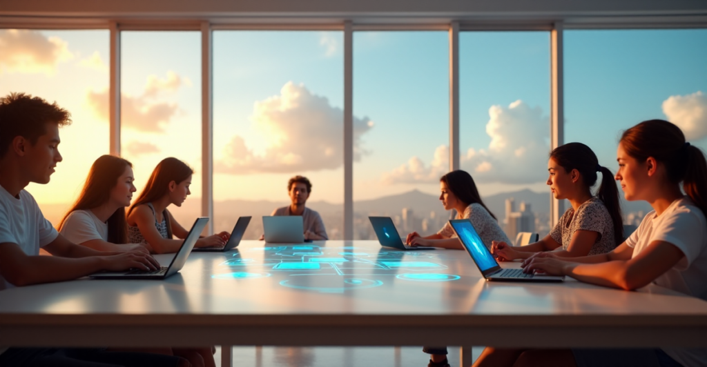 "Group of diverse students engage with smart education technology solutions in a modern classroom, utilizing top 5G connectivity gadgets amidst a serene cityscape."