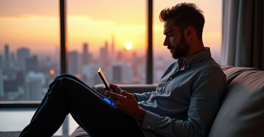 "Max Zypher uses top 5G connectivity gadgets in a modern living room with floor-to-ceiling windows and cityscape view at sunset."