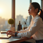 A young professional woman sits comfortably in a modern home office with natural light pouring in, surrounded by high-tech gadgets including a smartwatch, wireless charging pad, and cutting-edge laptop, exuding relaxed confidence.