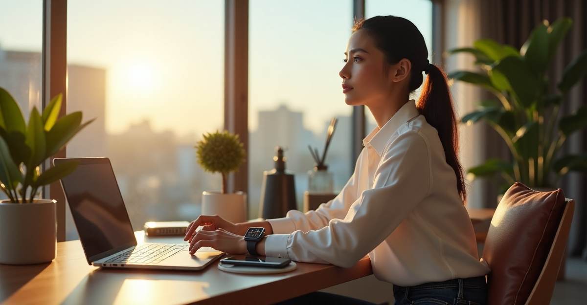 A young professional woman sits comfortably in a modern home office with natural light pouring in, surrounded by high-tech gadgets including a smartwatch, wireless charging pad, and cutting-edge laptop, exuding relaxed confidence.
