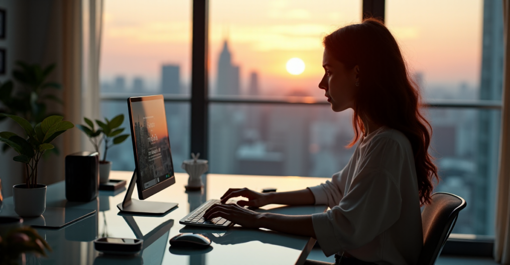 "A young woman sits at a minimalist desk surrounded by budget-friendly tech innovations, focusing on her cutting-edge blockchain-enabled computer with a 5G smartphone nearby."