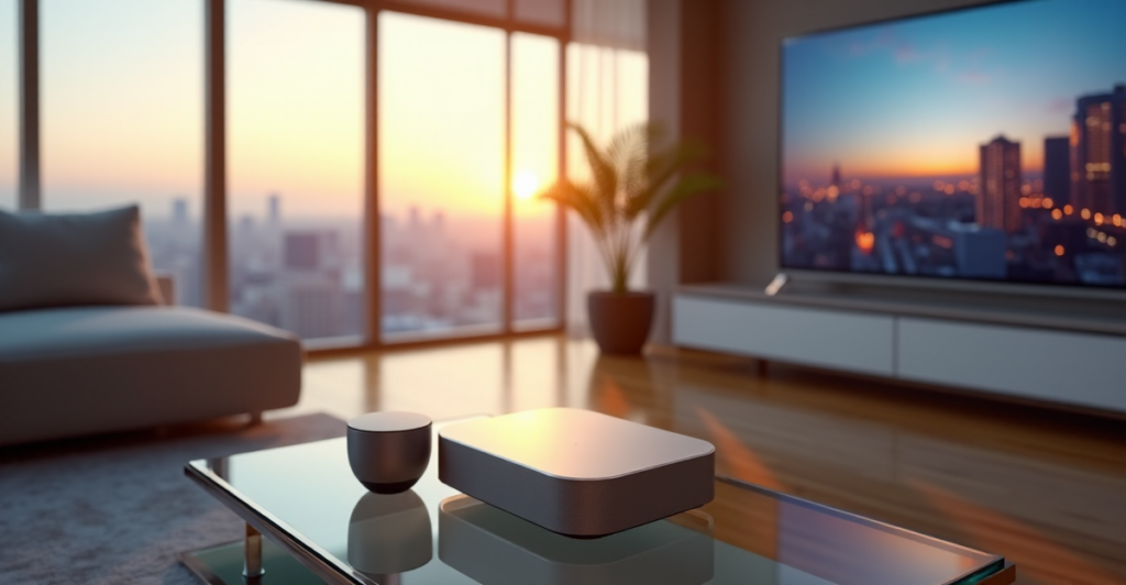"A modern living room featuring cutting-edge smart technology, serene cityscape on a smart TV, and high-tech gadgets amidst warm golden hour light."