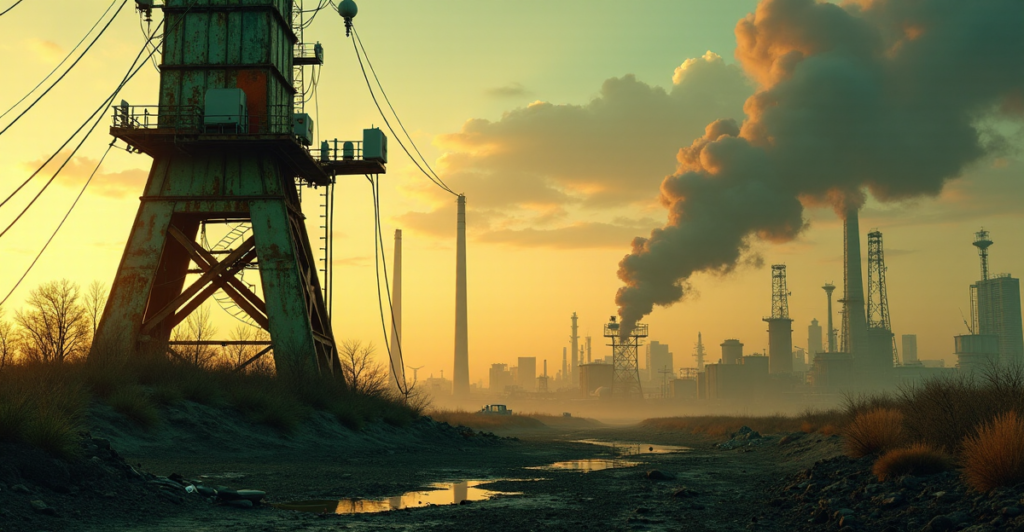 "A desolate industrial landscape at dusk with a massive, rusted telecommunications tower covered in green mold and exposed wires, set against a polluted cityscape under a sickly yellow haze."