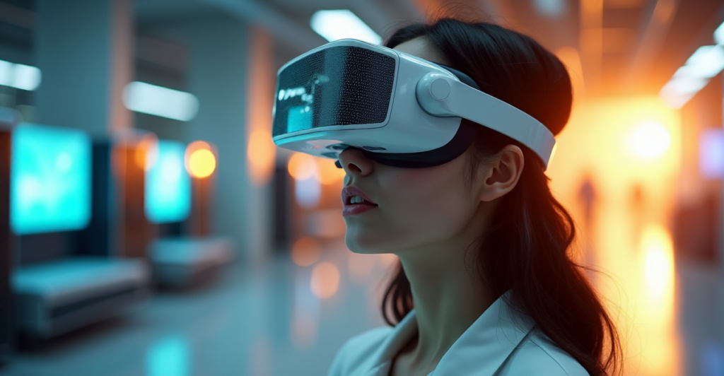 "A young woman wearing a futuristic VR headset with wide eyes, immersed in an AI-powered virtual reality experience amidst a high-tech laboratory setting."