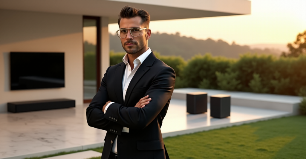 "Max Zypher standing confidently in front of his sleek smart home, surrounded by cutting-edge technology and gadgets on a warm summer evening."