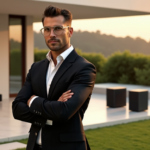 Max Zypher's Ultimate Smart Home Essentials for a Smarter Lifestyle "Max Zypher standing confidently in front of his sleek smart home, surrounded by cutting-edge technology and gadgets on a warm summer evening."
