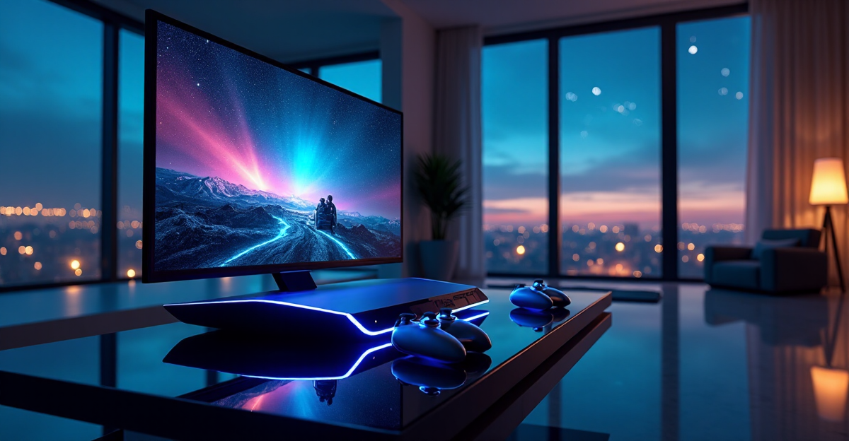 A sleek gaming console setup on a black glass desk in a futuristic room with floor-to-ceiling windows offering a starry night sky view, featuring top 5G connectivity gadgets and an immersive 8K curved screen display.