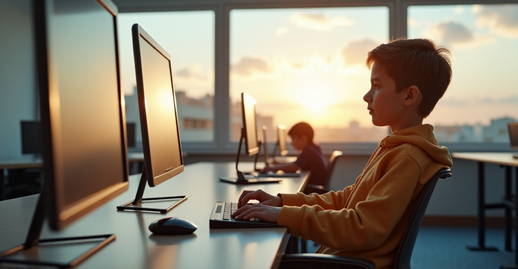 "A young student sits comfortably on a modern desk chair, surrounded by cutting-edge education technology tools in a well-lit, modern classroom."