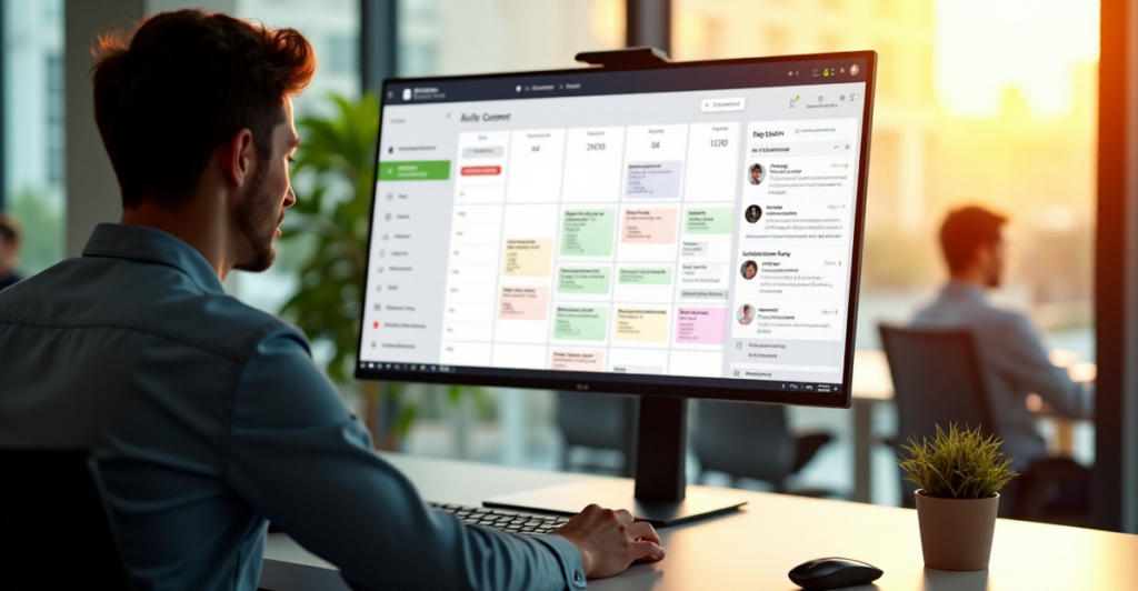 A young professional sits at a minimalist desk with a large monitor displaying digital calendar and task management software, surrounded by lush greenery and natural light, efficiently managing tasks with AI-powered tools amidst a soft focus blurred office background.