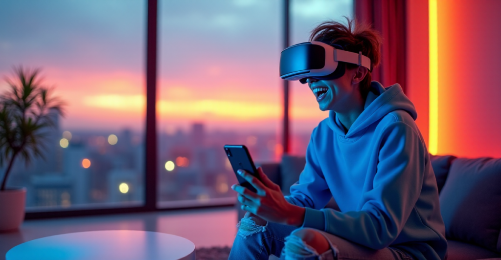 "A young adult sits on a modern couch surrounded by vibrant neon lights, gazing at a smartphone displaying virtual reality with an AI-powered gaming console nearby."