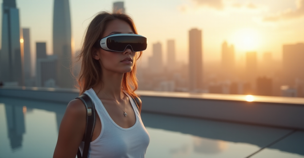 "A young woman stands confidently on a rooftop, surrounded by futuristic skyscrapers at sunset, wearing cutting-edge wearable tech including a smartwatch, AR glasses, and fitness tracker."