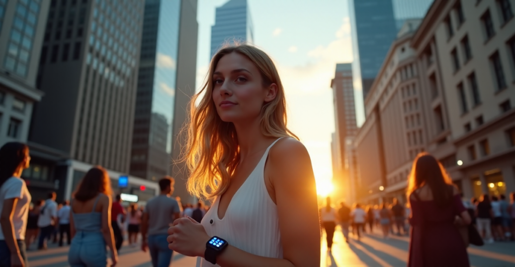 A young woman wearing a sleek silver smartwatch with pulsing blue LED lights walks towards the camera through a bustling city street at sunset, surrounded by people using various gadgets including top 5G connectivity devices.
