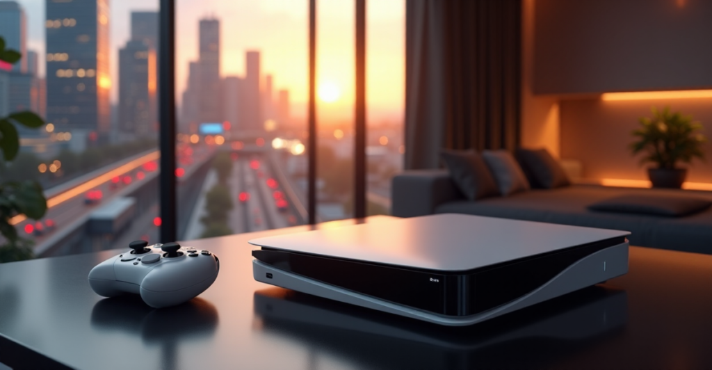"A sleek, futuristic gaming console with a 5G-enabled controller on a minimalist desk in a modern living room, showcasing top 5G connectivity gadgets 2025."