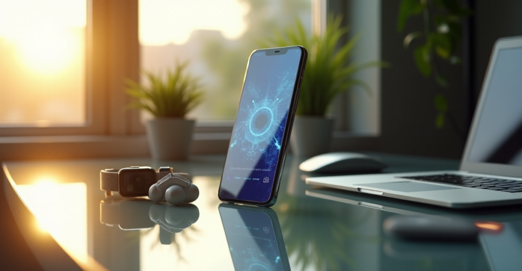 "A sleek silver smartphone with AI features on a minimalist glass desk in a modern office space surrounded by high-tech gadgets and lush greenery, showcasing top 5G connectivity."