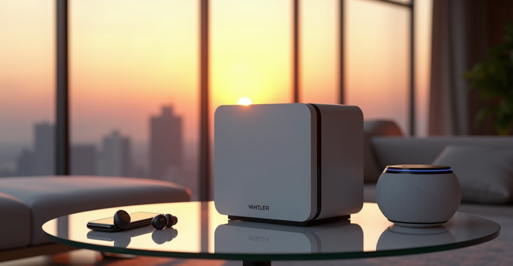 "A futuristic living room featuring a sleek smart home hub surrounded by cutting-edge gadgets, amidst warm golden hour lighting and a serene cityscape at sunset."