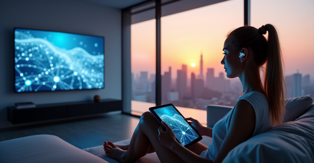 "A young woman sits on a modern couch in a high-tech living room with floor-to-ceiling windows, surrounded by budget-friendly gadgets showcasing decentralized apps and cryptocurrency wallets."