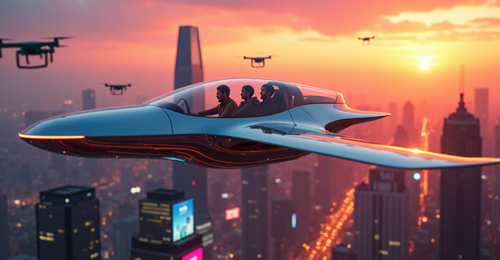 "A futuristic cityscape at sunset with a sleek silver flying car hovering above skyscrapers, showcasing cutting-edge tech and top 5G connectivity gadgets of 2025."