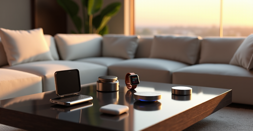 "Modern living room featuring cutting-edge 5G gadgets on a minimalist coffee table in a serene setting."