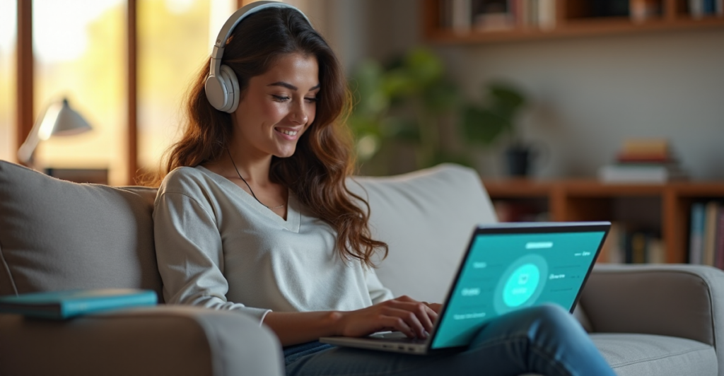 "A young adult sits comfortably on a modern couch with a laptop open in front of them, showcasing an educational platform on the screen with seamless top 5G connectivity gadgets 2025 features."