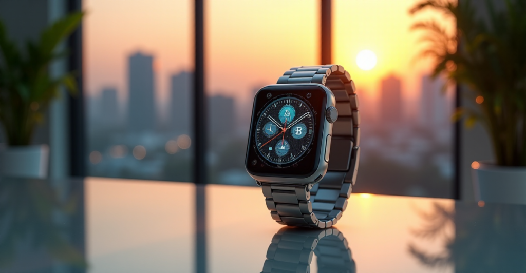 A sleek smartwatch with a silver band on a minimalist desk in a modern living room, showcasing top 5G connectivity gadgets 2025 features amidst a cityscape at sunset.
