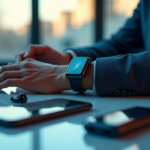 "A person wearing a sleek silver smartwatch surrounded by top 5G connectivity gadgets in a modern minimalist room with soft natural light."