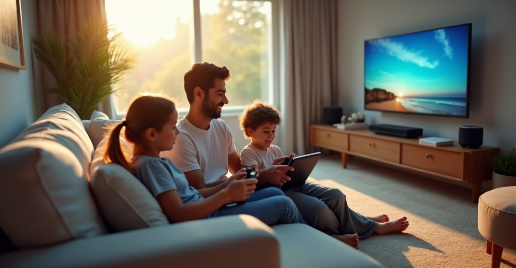 "A young family enjoys quality time together amidst smart home devices and seamless 5G connectivity in a warm living room setting."