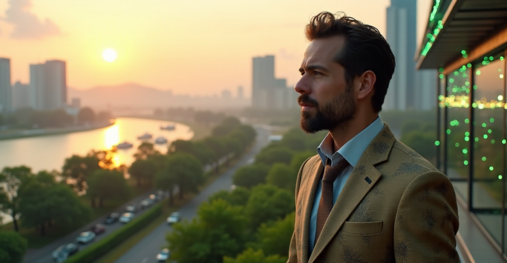 "Max Zypher stands confidently in front of a futuristic eco-friendly cityscape at sunset, surrounded by green tech solutions and top 5G connectivity gadgets."