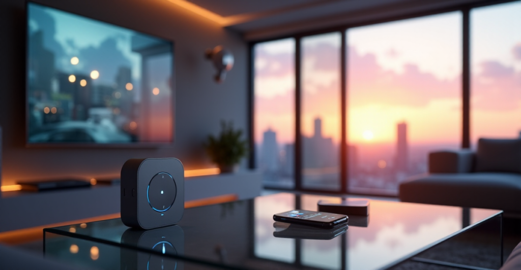 "A sleek silver smart home security system with AI-powered cameras and 5G connectivity integrated into a modern living room, showcasing cutting-edge technology and futuristic innovation."