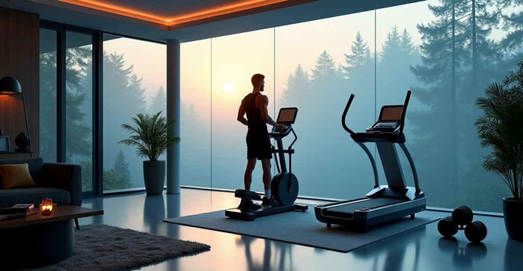 "A modern home gym setup featuring cutting-edge fitness equipment in a serene living room with a misty forest view."