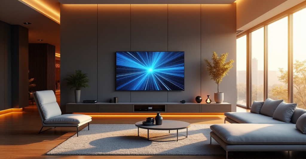"A modern living room featuring a large smart TV surrounded by cutting-edge AI automation devices, bathed in warm golden hour light."