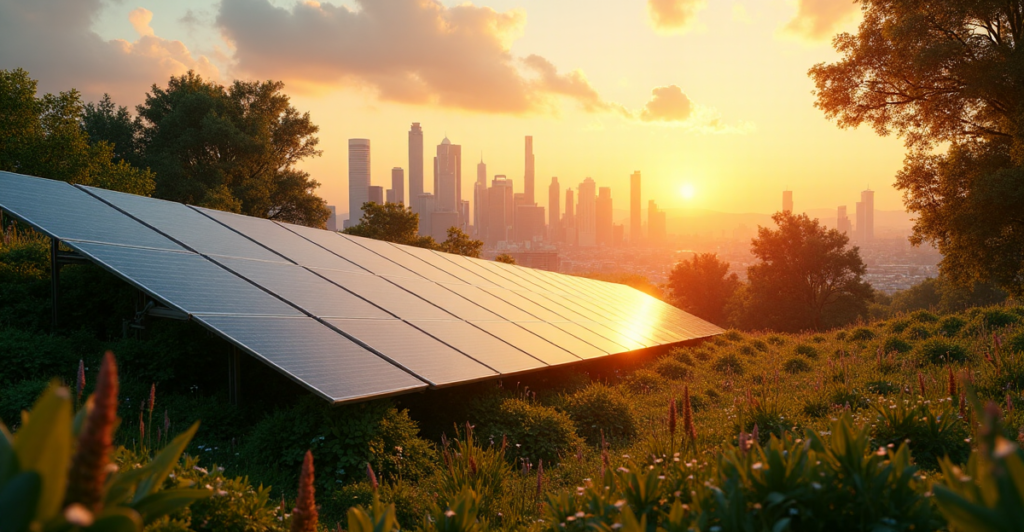 "A futuristic cityscape at sunset featuring a large silver solar panel array reflecting warm hues, surrounded by lush greenery and sustainable skyscrapers with living walls."