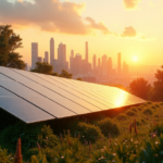 "A futuristic cityscape at sunset featuring a large silver solar panel array reflecting warm hues, surrounded by lush greenery and sustainable skyscrapers with living walls."